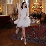 Trumpet Sleeves Puffy Short Dress Woman Single Breasted Lace Waist Cinching Solid Color O-Neck Dresses Elegant Women Mini Dress
