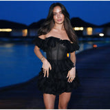 Chic Off-Shoulder Flounce Mesh Dress Woman Transparent Solid Color Layered Short Dresses Sexy Beach Vacation Women's Mini Dress