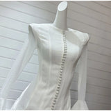 Trumpet Sleeves Puffy Short Dress Woman Single Breasted Lace Waist Cinching Solid Color O-Neck Dresses Elegant Women Mini Dress