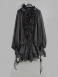 TWOTWINSTYLE Solid Spliced Appliques Loose Dresses For Women V Neck Long Sleeve High Waist Temperament Mini Dress Female Fashion
