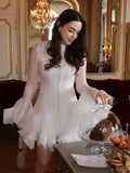 Trumpet Sleeves Puffy Short Dress Woman Single Breasted Lace Waist Cinching Solid Color O-Neck Dresses Elegant Women Mini Dress