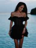 Chic Off-Shoulder Flounce Mesh Dress Woman Transparent Solid Color Layered Short Dresses Sexy Beach Vacation Women's Mini Dress