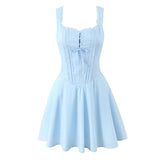YENKYE New 2025 Women Blue Elegant Party Mini Dresses Sexy Sleeveless Low Waist A-line Summer Dress Lace Up Back Robe