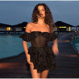Chic Off-Shoulder Flounce Mesh Dress Woman Transparent Solid Color Layered Short Dresses Sexy Beach Vacation Women's Mini Dress