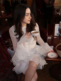 Trumpet Sleeves Puffy Short Dress Woman Single Breasted Lace Waist Cinching Solid Color O-Neck Dresses Elegant Women Mini Dress