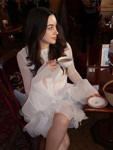 Trumpet Sleeves Puffy Short Dress Woman Single Breasted Lace Waist Cinching Solid Color O-Neck Dresses Elegant Women Mini Dress