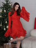 Trumpet Sleeves Puffy Short Dress Woman Single Breasted Lace Waist Cinching Solid Color O-Neck Dresses Elegant Women Mini Dress