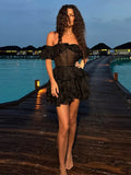 Chic Off-Shoulder Flounce Mesh Dress Woman Transparent Solid Color Layered Short Dresses Sexy Beach Vacation Women's Mini Dress