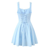 YENKYE New 2025 Women Blue Elegant Party Mini Dresses Sexy Sleeveless Low Waist A-line Summer Dress Lace Up Back Robe