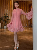 Trumpet Sleeves Puffy Short Dress Woman Single Breasted Lace Waist Cinching Solid Color O-Neck Dresses Elegant Women Mini Dress