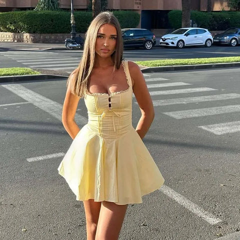YENKYE New 2025 Women Blue Elegant Party Mini Dresses Sexy Sleeveless Low Waist A-line Summer Dress Lace Up Back Robe