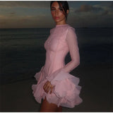 Trumpet Sleeves Puffy Short Dress Woman Single Breasted Lace Waist Cinching Solid Color O-Neck Dresses Elegant Women Mini Dress