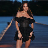 Chic Off-Shoulder Flounce Mesh Dress Woman Transparent Solid Color Layered Short Dresses Sexy Beach Vacation Women's Mini Dress
