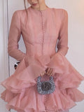 Elegant Ruffles Single Breasted Ruffles Mini Dress Women Chic Flared Sleeve High Waist O-neck Vestidos 2025 Lady Party Gowns New