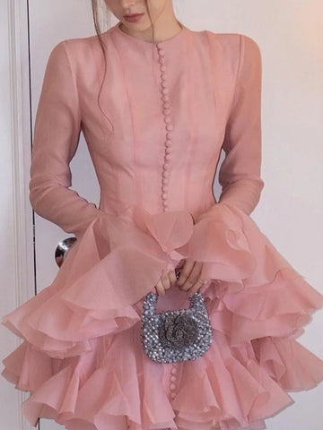 Elegant Ruffles Single Breasted Ruffles Mini Dress Women Chic Flared Sleeve High Waist O-neck Vestidos 2025 Lady Party Gowns New