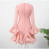 Elegant Ruffles Single Breasted Ruffles Mini Dress Women Chic Flared Sleeve High Waist O-neck Vestidos 2025 Lady Party Gowns New