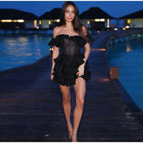 Chic Off-Shoulder Flounce Mesh Dress Woman Transparent Solid Color Layered Short Dresses Sexy Beach Vacation Women's Mini Dress
