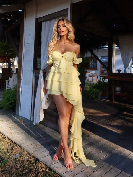 Ruffle Long Dress Women Summer Party Off Shoulder Dresses Ruched Cover Up Elegant Mini Vestidos Holiday Beach Robe