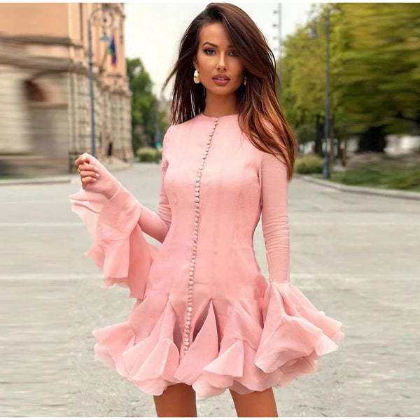 Trumpet Sleeves Puffy Short Dress Woman Single Breasted Lace Waist Cinching Solid Color O-Neck Dresses Elegant Women Mini Dress