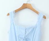 YENKYE New 2025 Women Blue Elegant Party Mini Dresses Sexy Sleeveless Low Waist A-line Summer Dress Lace Up Back Robe