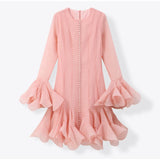 Elegant Ruffles Single Breasted Ruffles Mini Dress Women Chic Flared Sleeve High Waist O-neck Vestidos 2025 Lady Party Gowns New