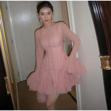 Trumpet Sleeves Puffy Short Dress Woman Single Breasted Lace Waist Cinching Solid Color O-Neck Dresses Elegant Women Mini Dress