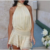 Elegant Ruffles Single Breasted Ruffles Mini Dress Women Chic Flared Sleeve High Waist O-neck Vestidos 2025 Lady Party Gowns New