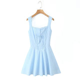 YENKYE New 2025 Women Blue Elegant Party Mini Dresses Sexy Sleeveless Low Waist A-line Summer Dress Lace Up Back Robe