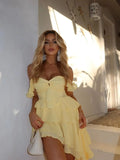 Ruffle Long Dress Women Summer Party Off Shoulder Dresses Ruched Cover Up Elegant Mini Vestidos Holiday Beach Robe