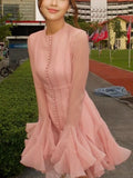Elegant Ruffles Single Breasted Ruffles Mini Dress Women Chic Flared Sleeve High Waist O-neck Vestidos 2025 Lady Party Gowns New