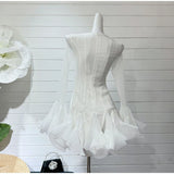 Trumpet Sleeves Puffy Short Dress Woman Single Breasted Lace Waist Cinching Solid Color O-Neck Dresses Elegant Women Mini Dress