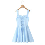 YENKYE New 2025 Women Blue Elegant Party Mini Dresses Sexy Sleeveless Low Waist A-line Summer Dress Lace Up Back Robe