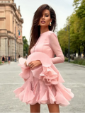 Elegant Ruffles Single Breasted Ruffles Mini Dress Women Chic Flared Sleeve High Waist O-neck Vestidos 2025 Lady Party Gowns New