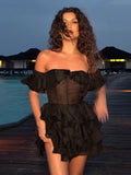 Chic Off-Shoulder Flounce Mesh Dress Woman Transparent Solid Color Layered Short Dresses Sexy Beach Vacation Women's Mini Dress