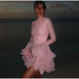 Trumpet Sleeves Puffy Short Dress Woman Single Breasted Lace Waist Cinching Solid Color O-Neck Dresses Elegant Women Mini Dress