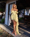 Ruffle Long Dress Women Summer Party Off Shoulder Dresses Ruched Cover Up Elegant Mini Vestidos Holiday Beach Robe