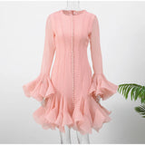 Elegant Ruffles Single Breasted Ruffles Mini Dress Women Chic Flared Sleeve High Waist O-neck Vestidos 2025 Lady Party Gowns New