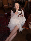 Trumpet Sleeves Puffy Short Dress Woman Single Breasted Lace Waist Cinching Solid Color O-Neck Dresses Elegant Women Mini Dress