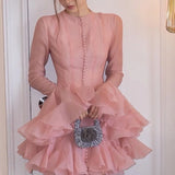 Elegant Ruffles Single Breasted Ruffles Mini Dress Women Chic Flared Sleeve High Waist O-neck Vestidos 2025 Lady Party Gowns New