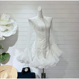 Trumpet Sleeves Puffy Short Dress Woman Single Breasted Lace Waist Cinching Solid Color O-Neck Dresses Elegant Women Mini Dress