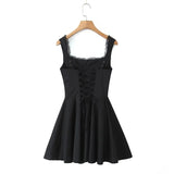 YENKYE New 2025 Women Blue Elegant Party Mini Dresses Sexy Sleeveless Low Waist A-line Summer Dress Lace Up Back Robe