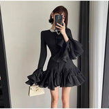 Trumpet Sleeves Puffy Short Dress Woman Single Breasted Lace Waist Cinching Solid Color O-Neck Dresses Elegant Women Mini Dress