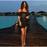 Chic Off-Shoulder Flounce Mesh Dress Woman Transparent Solid Color Layered Short Dresses Sexy Beach Vacation Women's Mini Dress